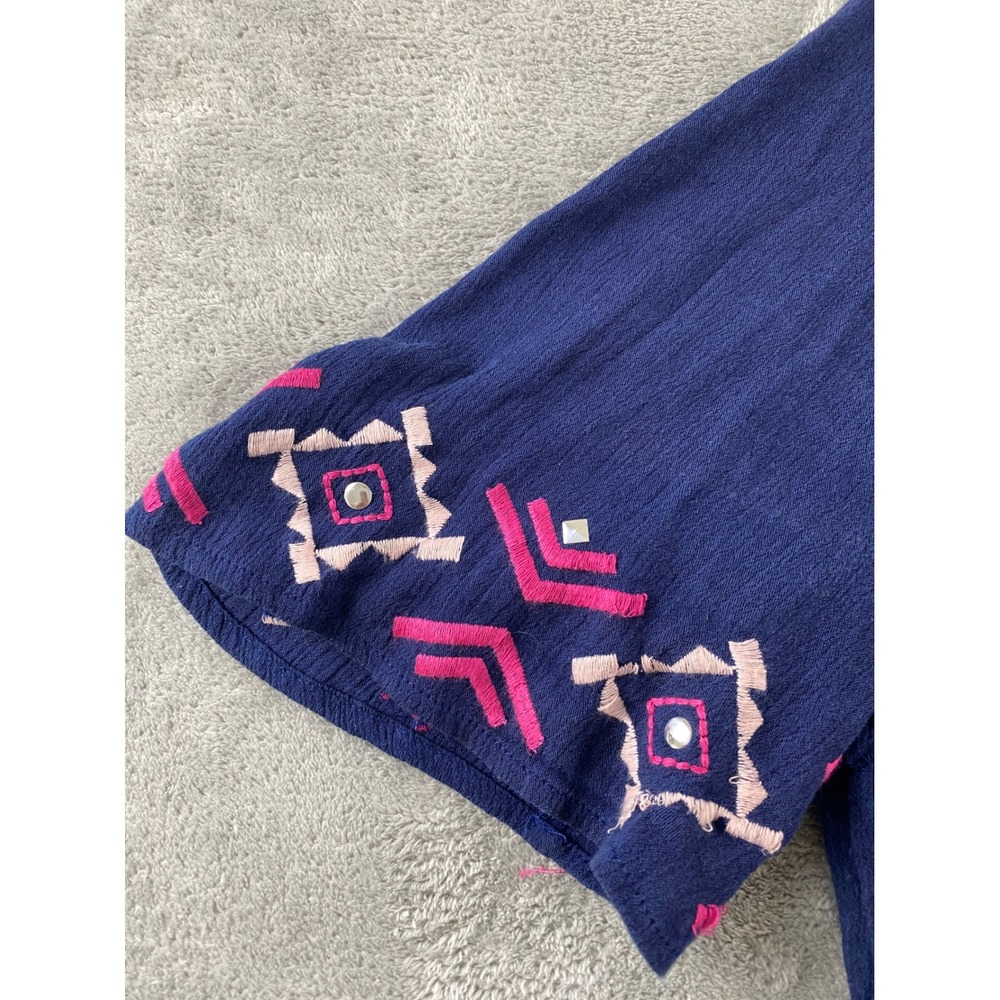 New Directions Navy Blue Embroidered Studded Peasant Blouse Top Womens Large L - Picture 5 of 13